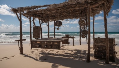 outdoors,sky,day,cloud,water,blue sky,no humans,shadow,ocean,beach,scenery,sand,horizon,shade,gears,shore,speaker,radio,steampunk,crate,cloudy sky