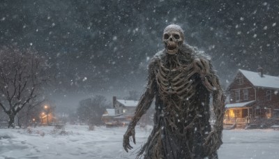 solo,1boy,standing,outdoors,sky,tree,no humans,night,building,scenery,snow,1other,skull,monster,snowing,house,winter,ribs,skeleton,bare tree,horror (theme),teeth,window,fire,town