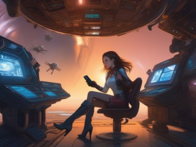 1girl,solo,long hair,breasts,skirt,brown hair,black hair,hair ornament,gloves,holding,jewelry,sitting,boots,indoors,miniskirt,high heels,from side,lips,chair,phone,knee boots,crossed legs,cellphone,robot,mecha,smartphone,high heel boots,backlighting,science fiction,holding phone,sunset,realistic,aircraft,monitor,spacecraft,holographic interface,hologram,bodysuit,pilot suit,computer,handheld game console,alien,tablet pc,video game,screen