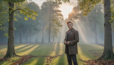 solo,looking at viewer,short hair,brown hair,shirt,long sleeves,1boy,brown eyes,closed mouth,standing,jacket,male focus,outdoors,open clothes,necktie,day,pants,tree,coat,facial hair,leaf,black pants,sunlight,own hands together,grass,nature,scenery,forest,brown jacket,light rays,dappled sunlight,brown coat,blue eyes,blonde hair,jewelry,sky,cloud,necklace,open jacket,realistic,grey jacket,autumn leaves,autumn