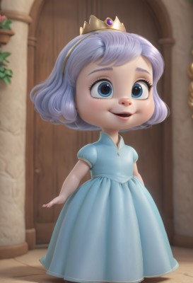 1girl,solo,looking at viewer,smile,short hair,open mouth,blue eyes,dress,jewelry,standing,full body,purple hair,short sleeves,grey hair,hairband,teeth,puffy sleeves,indoors,necklace,blurry,puffy short sleeves,lips,eyelashes,blurry background,blue dress,tiara,aged down,crown,plant,child,light purple hair,door,female child,earrings,artist name,watermark,web address,realistic,aqua dress