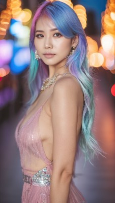 1girl,solo,long hair,breasts,looking at viewer,dress,bare shoulders,brown eyes,jewelry,medium breasts,closed mouth,blue hair,upper body,pink hair,purple hair,multicolored hair,earrings,small breasts,sleeveless,belt,necklace,blurry,from side,two-tone hair,lips,looking to the side,sideboob,gradient hair,makeup,sleeveless dress,depth of field,blurry background,gem,pink dress,realistic,nose,bokeh,pearl necklace,bangs,artist name,parted bangs,watermark,eyeshadow