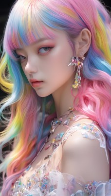 1girl,solo,long hair,breasts,looking at viewer,bangs,blonde hair,simple background,bare shoulders,jewelry,closed mouth,blue hair,upper body,pink hair,multicolored hair,earrings,blunt bangs,necklace,mole,black eyes,from side,two-tone hair,lips,looking to the side,grey eyes,gradient hair,makeup,black background,gem,portrait,eyeshadow,freckles,realistic,nose,rainbow hair,eyelashes,wavy hair,expressionless,crystal,eyeliner,mascara