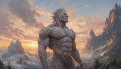 solo,1boy,standing,male focus,nude,outdoors,sky,cloud,tree,no humans,muscular,abs,cloudy sky,muscular male,nature,scenery,sunset,monster,mountain,sun,giant,sunrise,navel,white hair,colored skin,pectorals,forest,orange sky