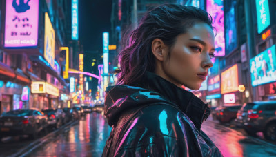 1girl, solo, black hair, jacket, upper body, outdoors, dark skin, blurry, from side, dark-skinned female, lips, black jacket, makeup, night, blurry background, ground vehicle, motor vehicle, city, realistic, nose, car, road, leather jacket, city lights, cyberpunk, neon lights