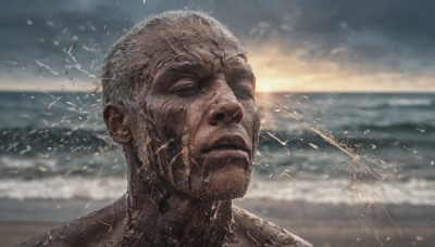 solo,1boy,closed eyes,male focus,outdoors,sky,cloud,water,blurry,blurry background,facial hair,ocean,scar,beach,portrait,realistic,sand,manly,old,short hair,closed mouth,white hair,grey hair,day,bird,cloudy sky,beard,close-up,sunset,horizon,old man,wrinkled skin