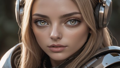 1girl,solo,long hair,looking at viewer,blonde hair,brown eyes,parted lips,artist name,armor,blurry,lips,eyelashes,depth of field,blurry background,headphones,portrait,close-up,forehead,headset,freckles,science fiction,realistic,nose,green eyes,teeth