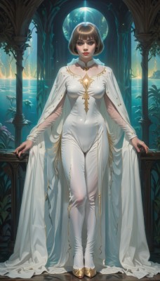 1girl,solo,breasts,looking at viewer,short hair,bangs,brown hair,dress,brown eyes,jewelry,medium breasts,closed mouth,standing,full body,water,cape,white dress,lips,bodysuit,covered navel,makeup,moon,bob cut,plant,lipstick,skin tight,red lips,white cape,white bodysuit,planet,long sleeves,boots,parted lips,indoors,blunt bangs,see-through,detached collar,cameltoe,thigh gap,white footwear,pillar