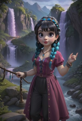 1girl,solo,long hair,breasts,looking at viewer,blush,smile,bangs,black hair,hair ornament,dress,holding,cleavage,jewelry,blue hair,standing,collarbone,braid,short sleeves,multicolored hair,earrings,small breasts,outdoors,parted lips,sky,day,puffy sleeves,pants,artist name,cloud,hand up,signature,water,necklace,nail polish,black eyes,twin braids,bracelet,two-tone hair,tree,puffy short sleeves,lips,fingernails,grey eyes,eyelashes,aqua hair,gradient hair,makeup,night,feet out of frame,watermark,black pants,red dress,cloudy sky,grass,tiara,crown,lipstick,staff,gem,child,nature,scenery,hair over shoulder,red nails,web address,purple dress,pendant,freckles,hoop earrings,rock,mountain,fantasy,holding staff,red lips,female child,bangle,river,waterfall,mountainous horizon,lake,stream,brown eyes,cliff,pond