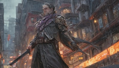 solo,short hair,black hair,gloves,1boy,holding,closed mouth,standing,weapon,male focus,outdoors,black gloves,belt,sword,scarf,cape,holding weapon,armor,coat,gun,facial hair,scar,shoulder armor,building,sheath,holding gun,scar on face,handgun,rain,pauldrons,city,shoulder pads,revolver,white hair,sky,cloud,night,holding sword,eyepatch,katana,cloudy sky,sheathed,lantern,sign,scabbard,mechanical arms,single mechanical arm,banner,prosthetic arm,cyberpunk,neon lights