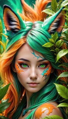 1girl,solo,long hair,looking at viewer,bangs,animal ears,jewelry,closed mouth,green eyes,tail,multicolored hair,green hair,artist name,dark skin,necklace,orange hair,two-tone hair,dark-skinned female,lips,animal ear fluff,fox ears,eyelashes,tattoo,gradient hair,makeup,fox tail,leaf,watermark,facial mark,plant,slit pupils,fox girl,portrait,eyeshadow,freckles,nose,eyeliner,mascara,hair ornament,aqua hair,web address