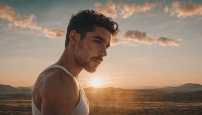 solo,short hair,black hair,1boy,upper body,male focus,outdoors,sky,cloud,dark skin,black eyes,from side,facial hair,ocean,dark-skinned male,cloudy sky,tank top,scenery,beard,sunset,mountain,realistic,stubble,sun,white tank top,sunrise,bare shoulders,brown eyes,closed mouth,muscular,sunlight,muscular male,bara,sideburns