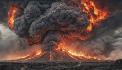 outdoors, sky, cloud, no humans, cloudy sky, fire, scenery, smoke, monster, molten rock