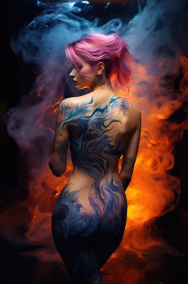 1girl,solo,short hair,jewelry,standing,closed eyes,ponytail,pink hair,ass,nude,earrings,looking back,artist name,signature,from behind,lips,completely nude,tattoo,back,fire,smoke,realistic,nose,stud earrings,back tattoo,burning,full-body tattoo,piercing,ear piercing,dragon,blue fire