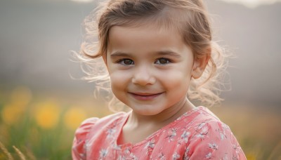 1girl,solo,looking at viewer,smile,short hair,brown hair,shirt,brown eyes,closed mouth,upper body,outdoors,blurry,lips,depth of field,blurry background,child,portrait,pink dress,curly hair,pink shirt,realistic,female child,old woman,blonde hair,dress