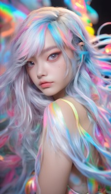 1girl,solo,long hair,looking at viewer,bangs,blue eyes,dress,bare shoulders,closed mouth,blue hair,upper body,pink hair,white hair,multicolored hair,looking back,artist name,mole,blurry,lips,grey eyes,eyelashes,mole under eye,depth of field,watermark,freckles,realistic,nose,from side,streaked hair,web address