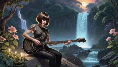 1girl,solo,breasts,short hair,bangs,brown hair,medium breasts,sitting,closed eyes,flower,outdoors,sleeveless,pants,blunt bangs,water,tree,lips,tattoo,makeup,night,leaf,black pants,moon,bob cut,plant,lipstick,instrument,nature,full moon,forest,music,guitar,arm tattoo,playing instrument,waterfall,black hair,nail polish,scenery,electric guitar,plectrum