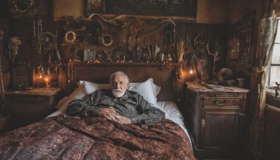 solo,shirt,long sleeves,1boy,male focus,lying,striped,indoors,on back,pillow,window,bed,bed sheet,facial hair,on bed,scar,sleeping,bottle,curtains,scenery,skull,striped shirt,realistic,blanket,clock,lamp,candle,candlestand,chandelier,weapon,white hair,sword,armor,gun,book,knife,beard,mirror,bald,skeleton