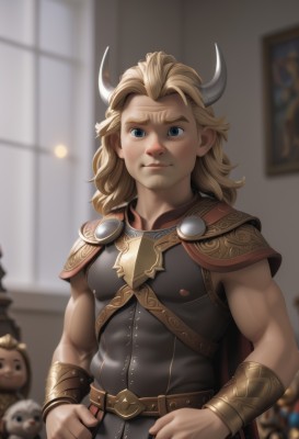 solo,long hair,looking at viewer,smile,blue eyes,blonde hair,1boy,closed mouth,upper body,male focus,horns,sleeveless,belt,indoors,medium hair,cape,armor,blurry,lips,window,muscular,depth of field,blurry background,pectorals,muscular male,shoulder armor,bara,hands on hips,red cape,bracer,blush,artist name,meme,realistic