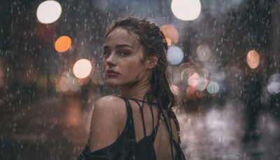 1girl, solo, long hair, looking at viewer, blue eyes, brown hair, black hair, bare shoulders, jewelry, upper body, looking back, dark skin, necklace, from behind, blurry, dark-skinned female, lips, wet, night, blurry background, rain, realistic, nose, bokeh