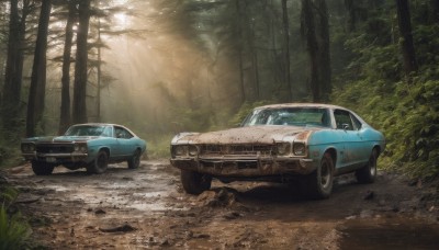 outdoors,day,tree,no humans,sunlight,grass,ground vehicle,nature,scenery,motor vehicle,forest,light rays,car,road,sunbeam,vehicle focus,wheel,sports car,tire,signature