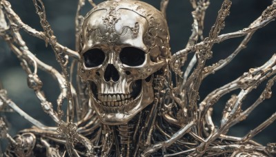 solo,upper body,teeth,blurry,no humans,blurry background,chain,portrait,1other,skull,skeleton,bone,helmet