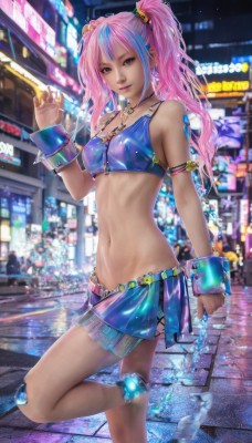 1girl,solo,long hair,breasts,looking at viewer,smile,skirt,hair ornament,navel,twintails,brown eyes,jewelry,blue hair,standing,pink hair,multicolored hair,earrings,small breasts,midriff,miniskirt,necklace,two-tone hair,lips,streaked hair,crop top,wrist cuffs,night,realistic,purple eyes,swimsuit,purple hair,bikini,outdoors,artist name,see-through,tattoo,watermark,piercing,leg up,standing on one leg,ground vehicle,building,bandaid,web address,motor vehicle,armlet,zipper,city,car,navel piercing