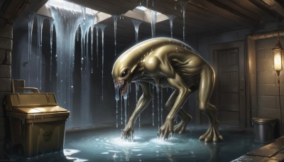 solo,open mouth,teeth,indoors,signature,water,wet,no humans,sharp teeth,box,claws,monster,door,bucket,cardboard box,tongue,shiny,shiny skin,colored skin,lantern,realistic,lamp,creature,slime (substance),alien,puddle