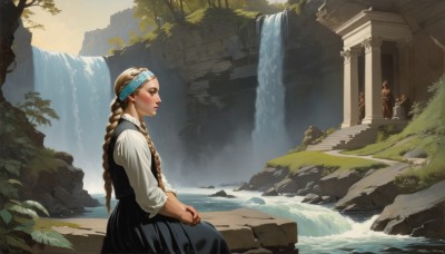 1girl,solo,long hair,blush,blonde hair,brown hair,shirt,long sleeves,dress,brown eyes,sitting,very long hair,white shirt,braid,outdoors,solo focus,day,water,black dress,twin braids,from side,tree,lips,profile,headband,own hands together,plant,nature,scenery,rock,ruins,pillar,waterfall,statue,moss,column,fountain,multiple girls,skirt,2girls,jewelry,multiple boys,vest,makeup,ring,wedding ring,fine art parody