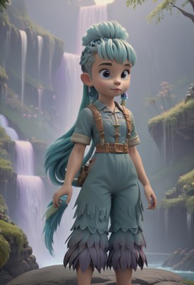 1girl,solo,long hair,shirt,jewelry,very long hair,closed mouth,blue hair,standing,ponytail,short sleeves,earrings,outdoors,shorts,belt,water,bag,black eyes,dark-skinned female,tree,lips,aqua hair,feet out of frame,backpack,feathers,blue shirt,child,nature,pouch,fantasy,brown belt,feather hair ornament,waterfall,brown bag,smile,blue eyes,green hair,leaf