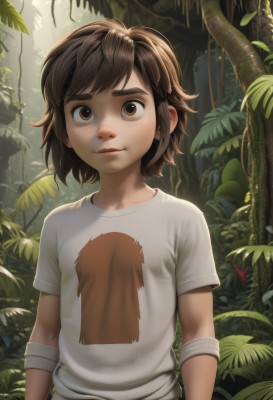 1girl,solo,looking at viewer,smile,short hair,bangs,brown hair,shirt,brown eyes,closed mouth,white shirt,upper body,short sleeves,outdoors,day,tree,lips,leaf,bandages,sunlight,thick eyebrows,plant,t-shirt,child,nature,forest,freckles,bandaged arm,arms at sides,female child,1boy,male focus,torn clothes,realistic