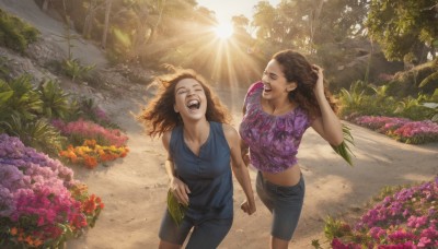 long hair,breasts,smile,open mouth,multiple girls,brown hair,shirt,navel,2girls,cleavage,medium breasts,closed eyes,flower,outdoors,shorts,teeth,sleeveless,day,midriff,pants,dark skin,tree,holding hands,sunlight,plant,denim,nature,curly hair,hand in own hair,running,jeans,realistic,road,laughing,skirt,short sleeves,:d,dutch angle,happy,blue shirt,scenery,forest,sun,purple shirt,path,denim skirt