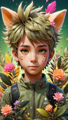 solo,looking at viewer,short hair,bangs,blonde hair,hair ornament,1boy,animal ears,closed mouth,jacket,yellow eyes,upper body,flower,male focus,artist name,cat ears,hair flower,lips,gradient,petals,fox ears,gradient background,eyelashes,leaf,watermark,facial mark,plant,portrait,web address,extra ears,androgynous,pink flower,zipper,freckles,green background,yellow flower,nose,1girl,brown hair,green eyes,thick eyebrows,spiked hair,dog ears,green jacket,facepaint