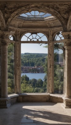 outdoors,sky,day,cloud,water,tree,blue sky,no humans,window,shadow,sunlight,building,nature,scenery,forest,stairs,mountain,architecture,pillar,landscape,arch,column,indoors,plant,bridge,lake