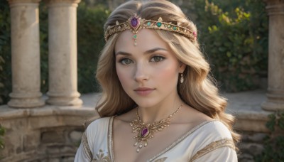 1girl,solo,long hair,looking at viewer,smile,blonde hair,brown hair,dress,brown eyes,jewelry,closed mouth,collarbone,upper body,earrings,outdoors,day,necklace,white dress,blurry,lips,depth of field,blurry background,tiara,plant,gem,portrait,freckles,circlet,realistic,nose,pillar,princess,diadem,column,breasts,cleavage,medium breasts,artist name,crown,light smile