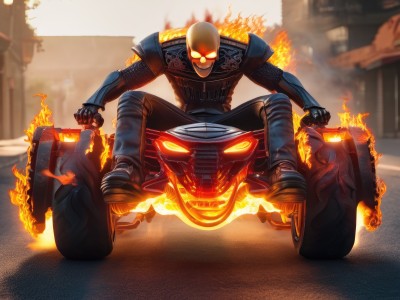 solo,looking at viewer,smile,gloves,1boy,sitting,male focus,pants,armor,blurry,blurry background,glowing,fire,ground vehicle,building,glowing eyes,motor vehicle,car,riding,bald,motorcycle,superhero,burning,jacket,boots,denim,skull,jeans,city,realistic,leather,leather jacket,tire