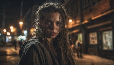 1girl,solo,long hair,looking at viewer,black hair,closed mouth,upper body,outdoors,solo focus,dark skin,blurry,black eyes,dark-skinned female,lips,wet,night,depth of field,blurry background,wavy hair,messy hair,curly hair,realistic,nose,road,wet hair,street,brown hair,jewelry,jacket,hood,hoodie,hood down,portrait,lights