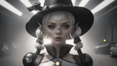 1girl,solo,looking at viewer,hat,twintails,green eyes,upper body,braid,white hair,parted lips,teeth,artist name,indoors,armor,mole,blurry,twin braids,lips,eyelashes,mole under eye,black headwear,makeup,witch hat,depth of field,blurry background,lipstick,ground vehicle,shoulder armor,portrait,motor vehicle,realistic,nose,red lips,car,cowboy hat,mole above mouth,long hair,bangs,backlighting,light