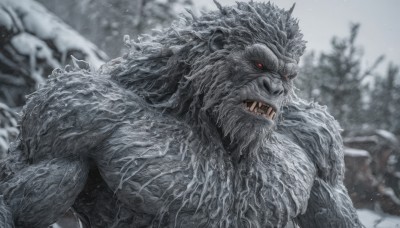 solo,looking at viewer,open mouth,red eyes,1boy,upper body,male focus,outdoors,teeth,blurry,tree,no humans,muscular,blurry background,fangs,sharp teeth,muscular male,nature,glowing eyes,snow,monster,snowing,furry male,monochrome,greyscale,spot color,tusks,grey theme