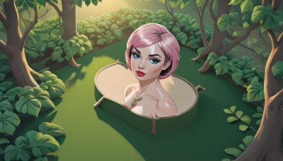 1girl,solo,breasts,looking at viewer,short hair,bangs,blue eyes,cleavage,medium breasts,collarbone,pink hair,nude,outdoors,shiny,artist name,water,shiny hair,tree,makeup,leaf,plant,lipstick,nature,partially submerged,red lips,bathing,large breasts,bare shoulders,lips,between breasts,forest,nose