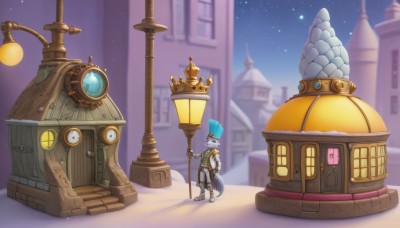 solo,1boy,hat,holding,standing,tail,male focus,boots,outdoors,sky,pants,armor,hand on hip,night,crown,staff,building,star (sky),night sky,furry,starry sky,lantern,top hat,holding staff,clock,furry male,lamppost,tower,clock tower,weapon,no humans,window,helmet,polearm,scenery,fantasy,door,full armor