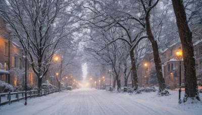 outdoors, sky, tree, dutch angle, no humans, night, building, scenery, snow, snowing, fence, road, house, winter, lamppost, bare tree