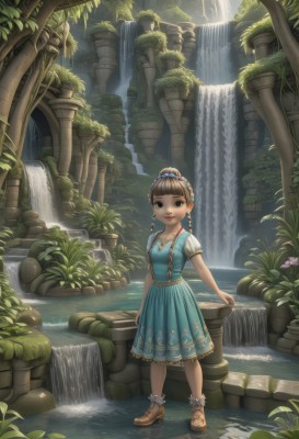 1girl,solo,long hair,breasts,looking at viewer,smile,open mouth,bangs,skirt,brown hair,hair ornament,dress,brown eyes,jewelry,standing,full body,braid,flower,short sleeves,earrings,small breasts,outdoors,shoes,day,socks,puffy sleeves,artist name,blunt bangs,water,black eyes,twin braids,tree,puffy short sleeves,lips,blue dress,brown footwear,sandals,sunlight,plant,child,nature,scenery,mary janes,forest,rock,fantasy,potted plant,bobby socks,pillar,river,waterfall,lily pad,arch,moss,pond,column,fountain,ribbon,collarbone,:d,necklace,hair bun,floral print,anklet