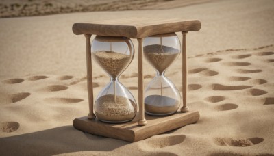 outdoors,artist name,signature,no humans,shadow,table,scenery,sand,still life,desert,blurry,blurry background,beach,sepia,brown theme,hourglass