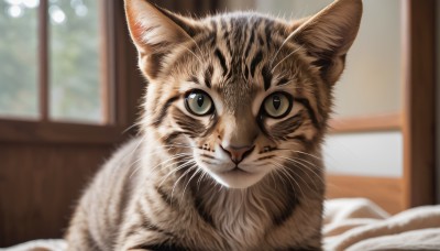 solo,looking at viewer,closed mouth,green eyes,indoors,blurry,no humans,window,depth of field,blurry background,animal,cat,close-up,realistic,animal focus,whiskers,heterochromia,portrait,colored sclera