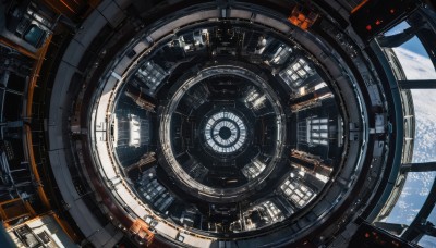 sky,dutch angle,no humans,window,from above,building,scenery,science fiction,space,planet,spacecraft,solo,day,cloud,blue sky,floating,city,clock,cityscape,skyscraper,fisheye