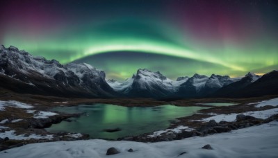 outdoors,sky,cloud,water,no humans,night,star (sky),night sky,scenery,snow,starry sky,reflection,rock,mountain,river,landscape,mountainous horizon,lake,aurora