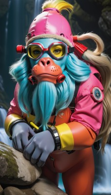 solo,long hair,looking at viewer,gloves,1boy,hat,blue hair,standing,jacket,male focus,outdoors,blurry,mask,blurry background,colored skin,facial hair,helmet,goggles,beard,watch,pink headwear,pink jacket,grey gloves,1girl,twintails,white gloves,bodysuit,zipper,rock,fake facial hair