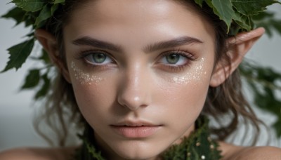 1girl,solo,looking at viewer,brown hair,bare shoulders,brown eyes,closed mouth,green eyes,pointy ears,blurry,lips,eyelashes,depth of field,leaf,elf,portrait,close-up,freckles,realistic,nose,long hair,hair ornament