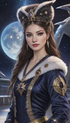 1girl,solo,long hair,breasts,looking at viewer,brown hair,long sleeves,dress,brown eyes,jewelry,collarbone,upper body,earrings,sky,signature,necklace,lips,fur trim,makeup,night,moon,crown,lipstick,gem,star (sky),night sky,full moon,starry sky,nose,red lips,space,planet,hat,braid,parted lips,coat,science fiction,realistic,blue coat,earth (planet)